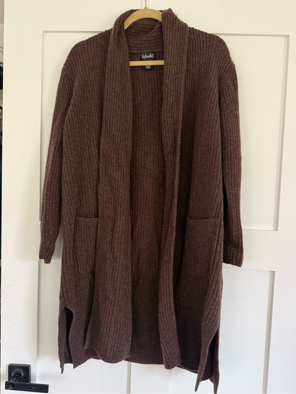 Rafaella Chocolate Brown 100% Lambswool Ribbed Open-Front Cardigan